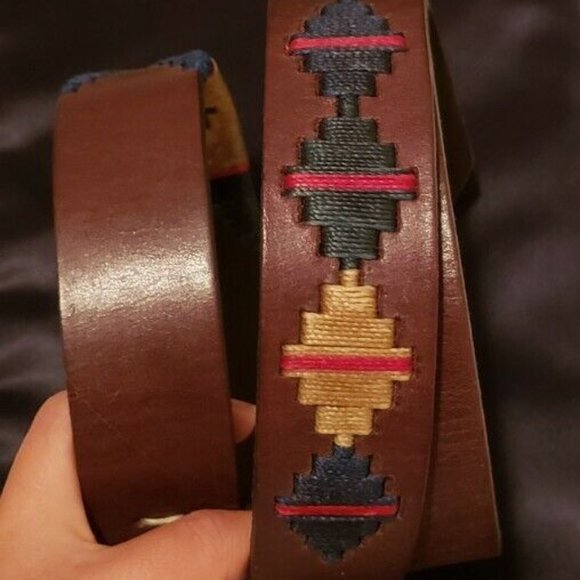 Native American Leather Belt w/ Yellow/Beige, Blue, Green Red